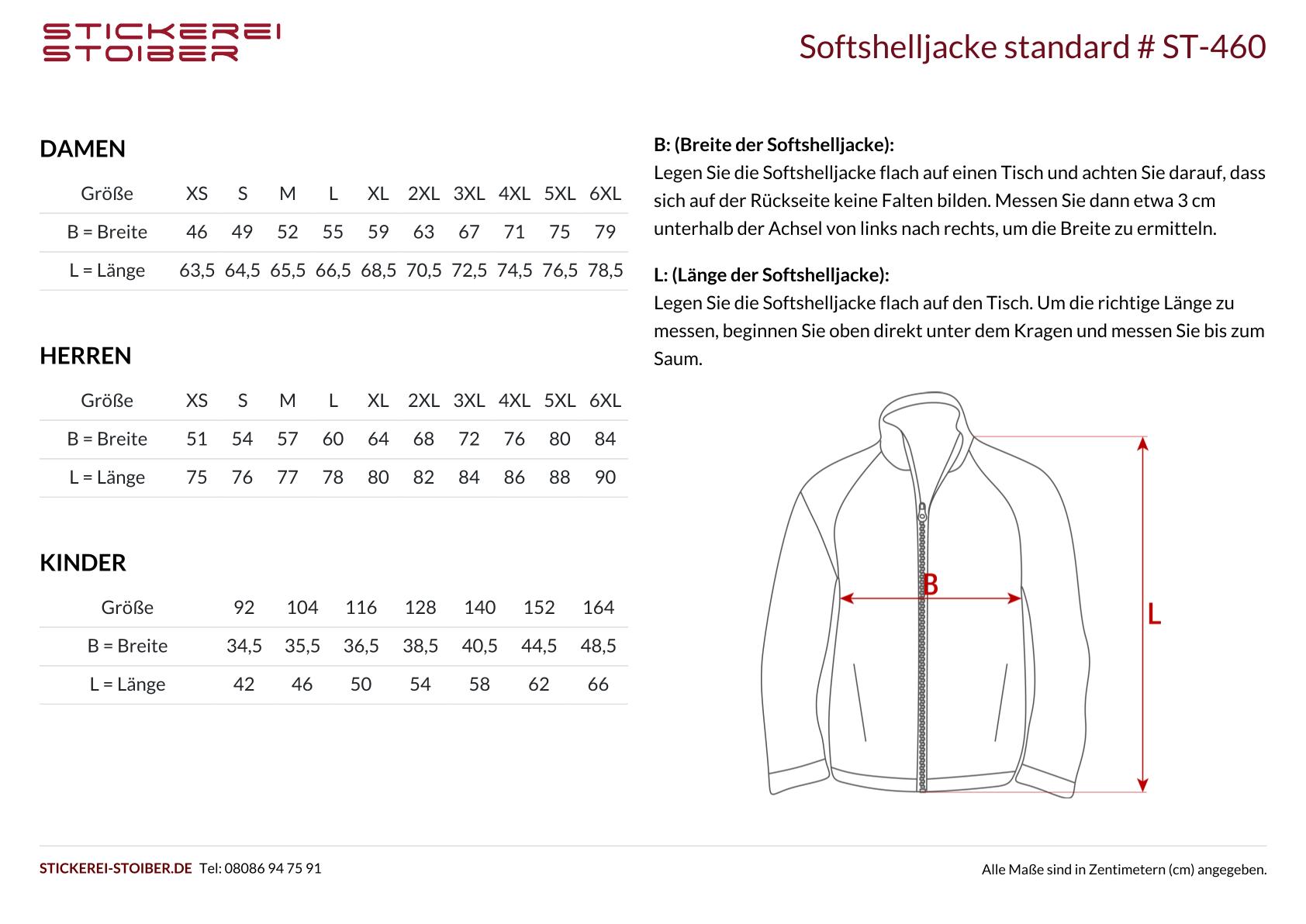 Größentabelle Softshelljacke ST 460 1