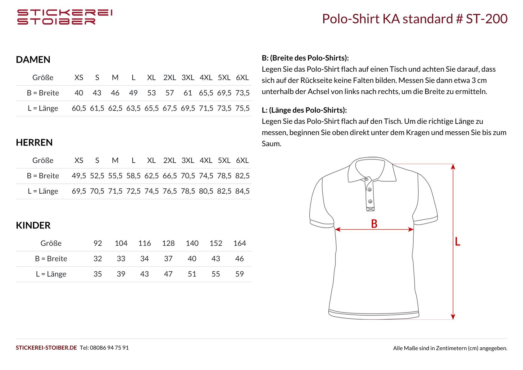 Product Dimensions Website Polo Shirt KA standard ST 200 1